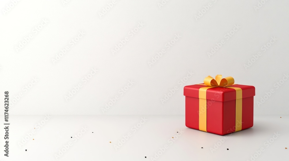 Obraz premium Red Gift Box with Yellow Bow in Star Pattern on White Background