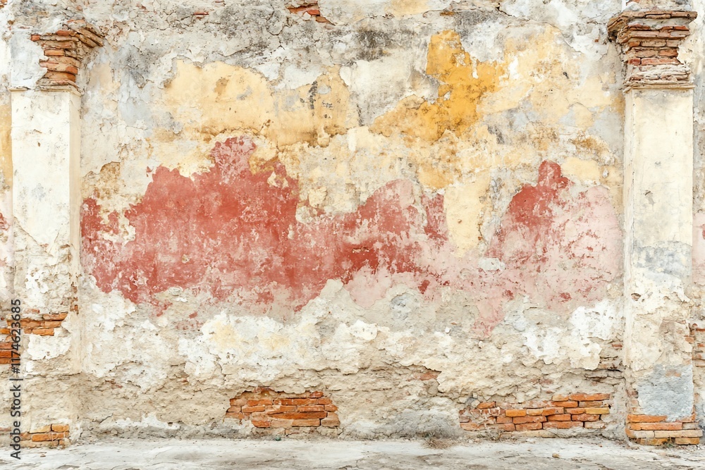 Fototapeta premium Aged stucco wall, red, yellow, brick, texture, background