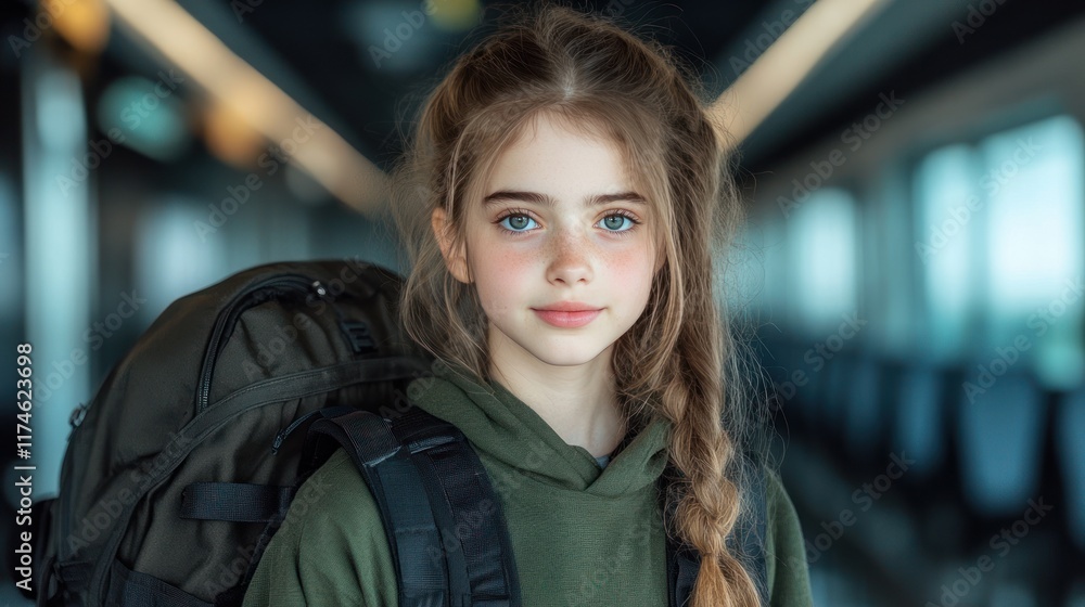 Adventurous Young Woman with Backpack Enjoying Train Journey Adventurous Young Woman with Backpack Enjoying Train Journey