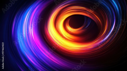 Swirling neon spiral, vibrant rainbow colors, glowing energy vortex, abstract digital art, electric blue and purple hues, dynamic motion blur, cosmic whirlpool, dark background, luminous streaks, psyc