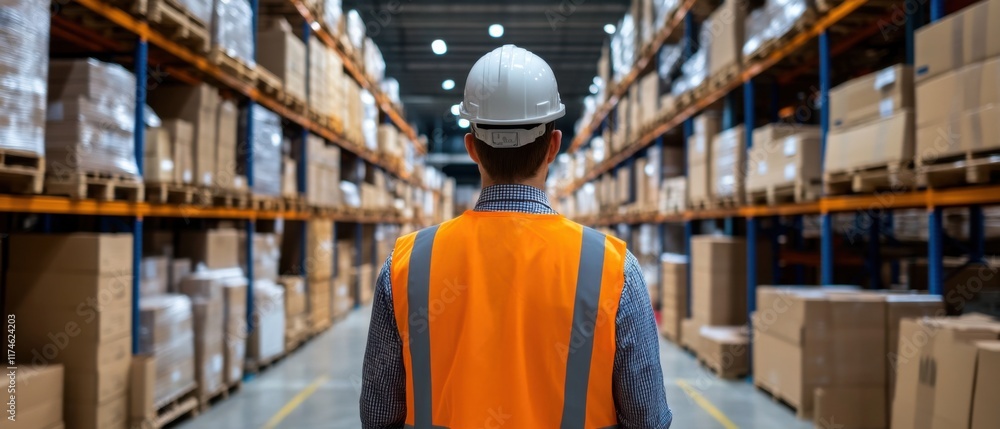 Fototapeta premium Warehouse Worker Overseeing Inventory in Storage Facility with Cardboard Boxes and Safety Gear