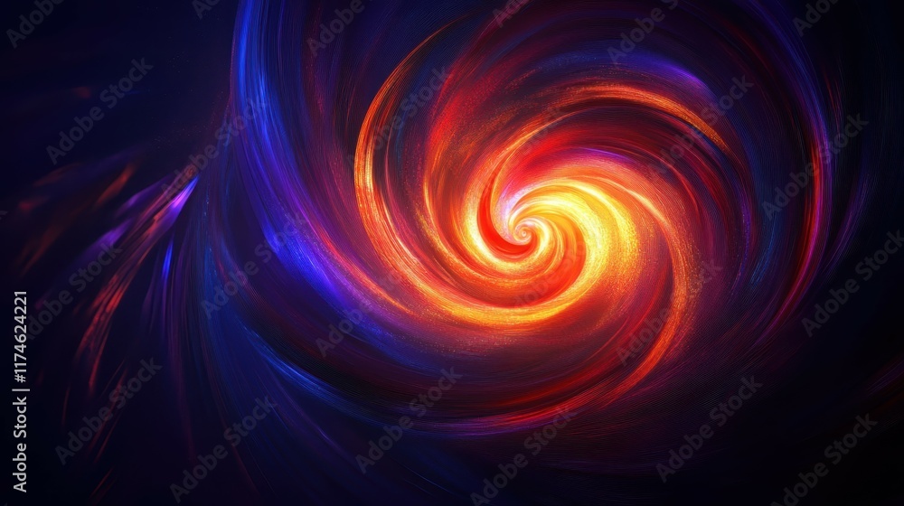 Obraz premium Swirling neon spiral, vibrant rainbow colors, glowing energy vortex, abstract digital art, electric blue and purple hues, dynamic motion blur, cosmic whirlpool, dark background, luminous streaks, psyc