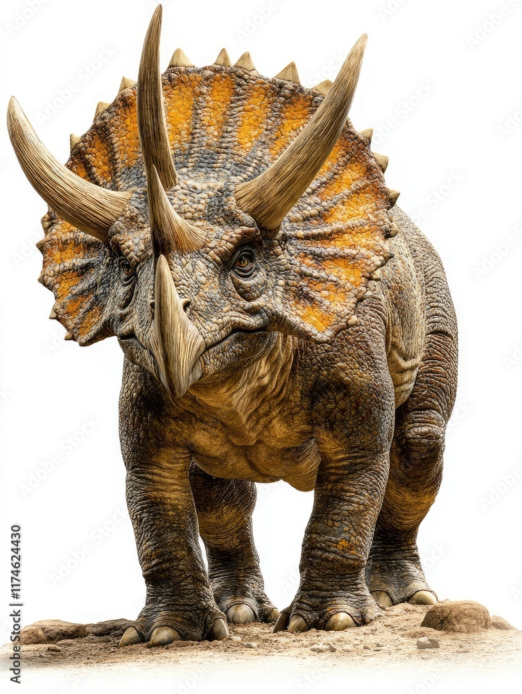 Fototapeta premium A realistic depiction of a Triceratops dinosaur standing on a rocky surface.