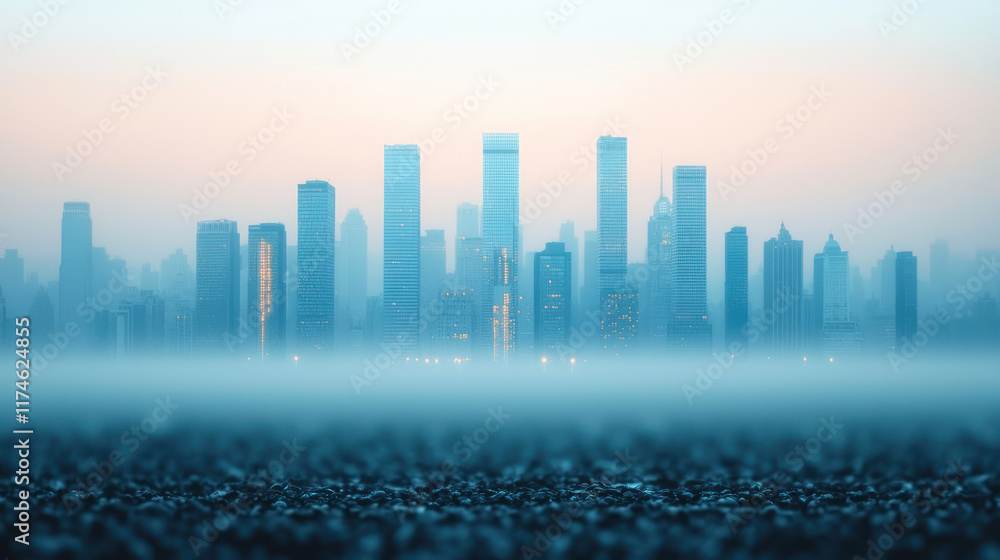 Fototapeta premium foggy cityscape at dawn with glowing streetlights illuminating skyline. soft light creates serene atmosphere, highlighting tall buildings in distance