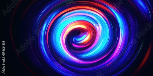 Swirling neon spiral, vibrant rainbow colors, glowing energy vortex, abstract digital art, electric blue and purple hues, dynamic motion blur, cosmic whirlpool, dark background, luminous streaks, psyc photo