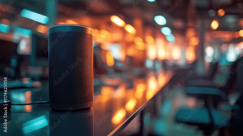 Smart speaker on glass desk in modern office at night. Smart speaker on glass desk in modern office at night.