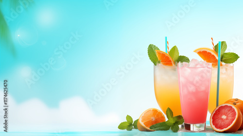 Tropical pink cocktail with grapefruit slice, flowers, and ocean view under palm leaves. Ai generative photo