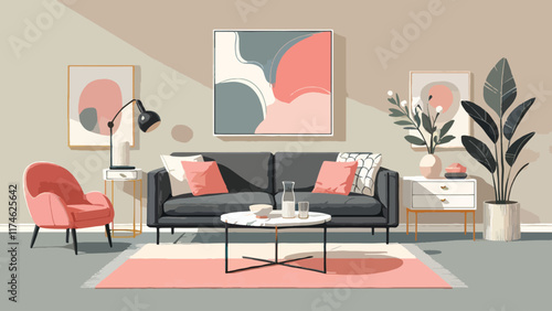 A minimalist living room with pastel accents, featuring a dark gray sofa, blush red throw pillows, a white marble coffee table, and abstract painting in contrast hues hanging on the wall 