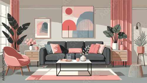 A minimalist living room with pastel accents, featuring a dark gray sofa, blush red throw pillows, a white marble coffee table, and abstract painting in contrast hues hanging on the wall 