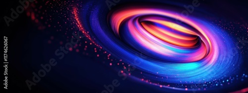 Swirling neon spiral, vibrant rainbow colors, glowing energy vortex, abstract digital art, electric blue and purple hues, dynamic motion blur, cosmic whirlpool, dark background, luminous streaks, psyc photo