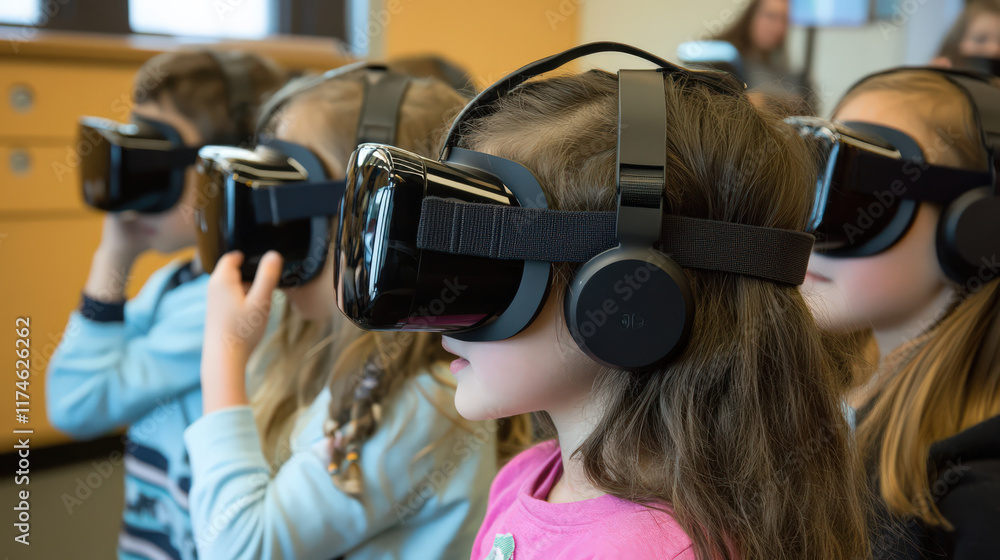 Young girls wearing black VR goggles in classroom feeling excited Young girls wearing black VR goggles in classroom feeling excited