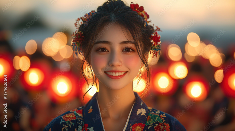 joyful woman in traditional attire smiles at lantern festival, surrounded by glowing red lanterns, creating warm and festive atmosphere joyful woman in traditional attire smiles at lantern festival, surrounded by glowing red lanterns, creating warm and festive atmosphere
