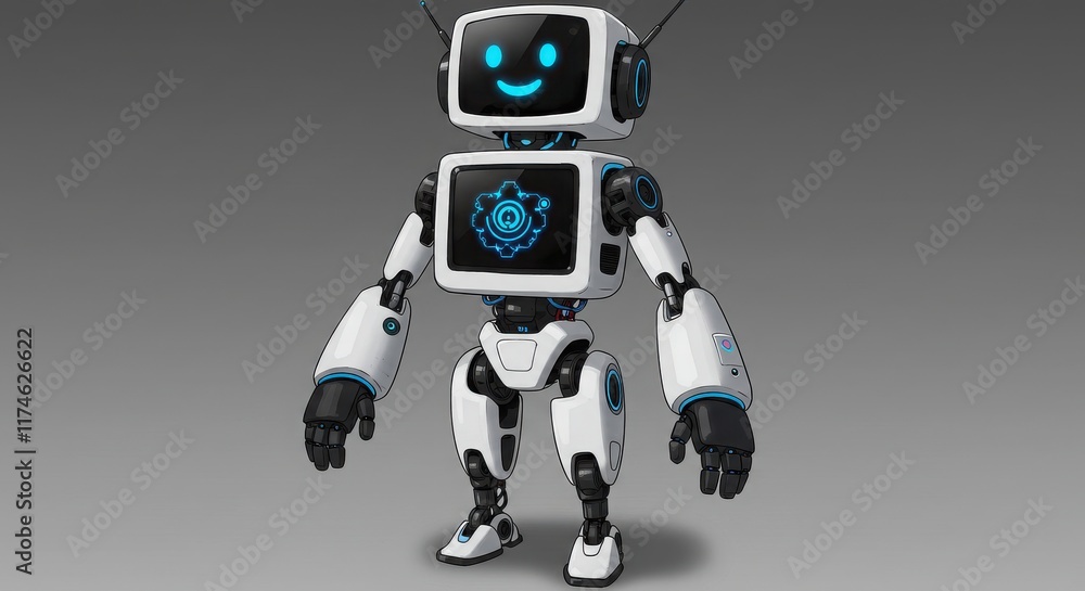 Friendly rounded robot with glowing chest screen and raised arms in a welcoming gesture Friendly rounded robot with glowing chest screen and raised arms in a welcoming gesture