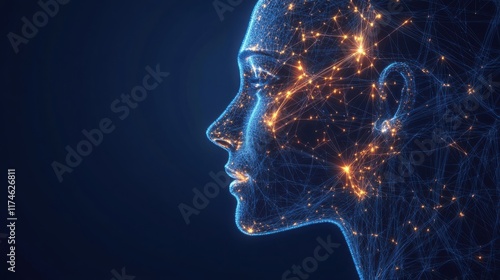 An abstract, futuristic human face created from flowing digital data and complex algorithmic patterns. The face is composed of glowing lines and nodes, symbolizing artificial intelligence and its conn
