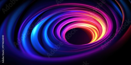 Swirling neon spiral, vibrant rainbow colors, glowing energy vortex, abstract digital art, electric blue and purple hues, dynamic motion blur, cosmic whirlpool, dark background, luminous streaks, psyc photo