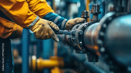 A man in a yellow jacket is working on a pipe with a wrench