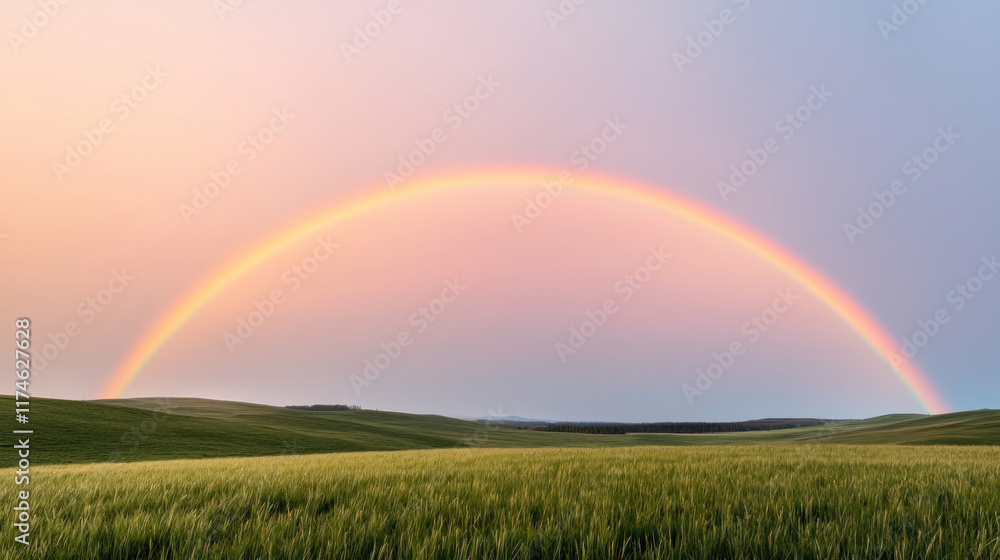 Naklejka premium vibrant rainbow arches over serene green landscape, creating peaceful and picturesque scene. soft colors of sky enhance beauty of nature