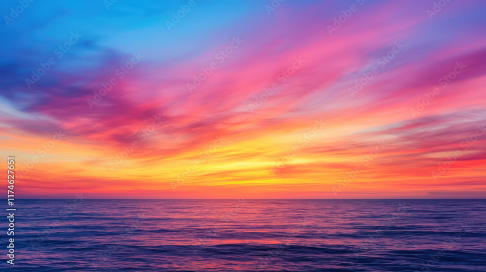 Fototapeta premium stunning sunset over ocean, featuring vibrant orange and purple hues in sky, reflecting beautifully on calm water surface