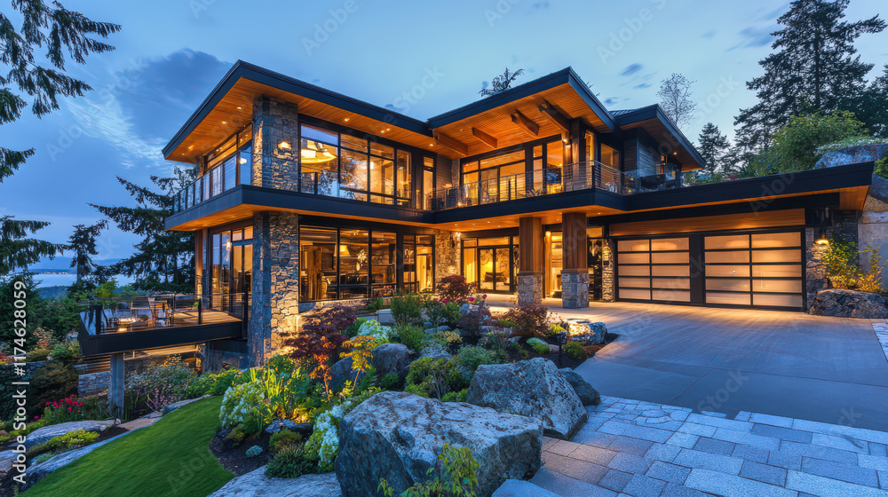 Fototapeta premium Modern house exterior home with garage is beautiful