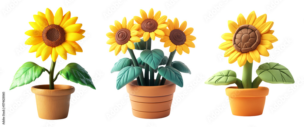 Obraz premium Isolated Sunflower Collection with Pots on Transparent Background