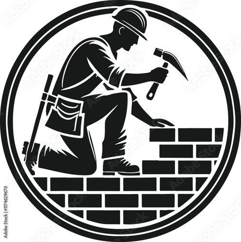 A powerful silhouette of a construction worker meticulously laying bricks.