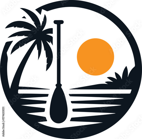 A simple, stylized logo featuring a paddle, palm tree, sunset, and water, ideal for paddleboarding, kayaking, or other water sports businesses.