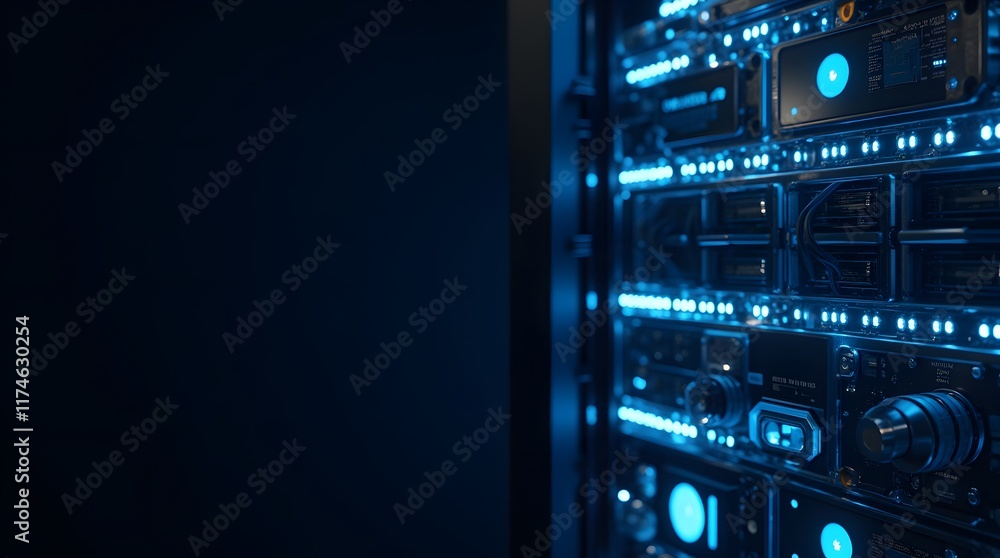 Fototapeta premium Glowing Blue Server Rack: A futuristic data center, intricate hardware, and cool blue lighting create a captivating digital landscape.