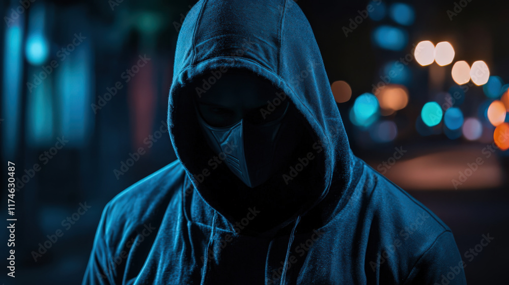 Man in hooded jacket at night looks secretive Man in hooded jacket at night looks secretive