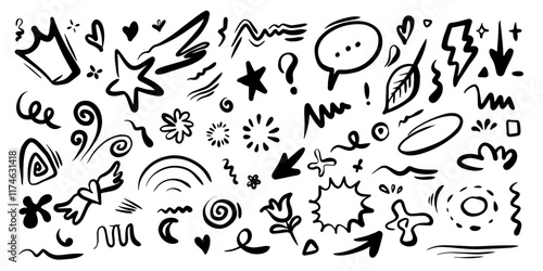 Hand drawn set elements, black on white background. Arrow, heart, love, star, leaf, sun, light, flower, crown, king, queen,Swishes, swoops, emphasis ,swirl, heart, for concept design.