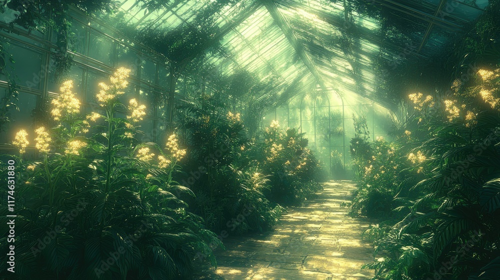 Obraz premium Sunlit path in overgrown greenhouse with lush foliage and flowering plants.