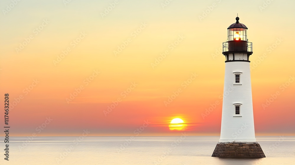 Serene Sunset Over Lighthouse by the Calm Ocean and Vibrant Sky Serene Sunset Over Lighthouse by the Calm Ocean and Vibrant Sky