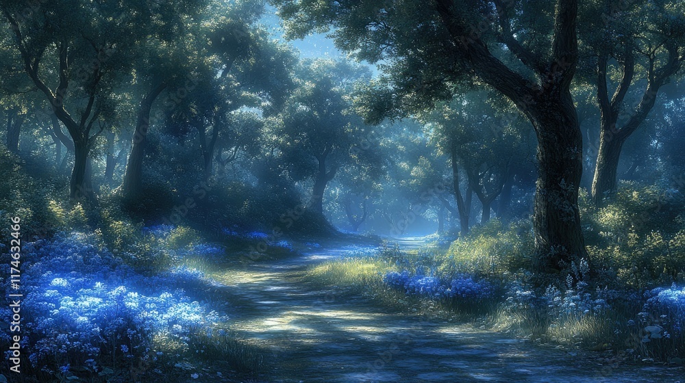 Sunlit path through a mystical bluebell forest. Sunlit path through a mystical bluebell forest.