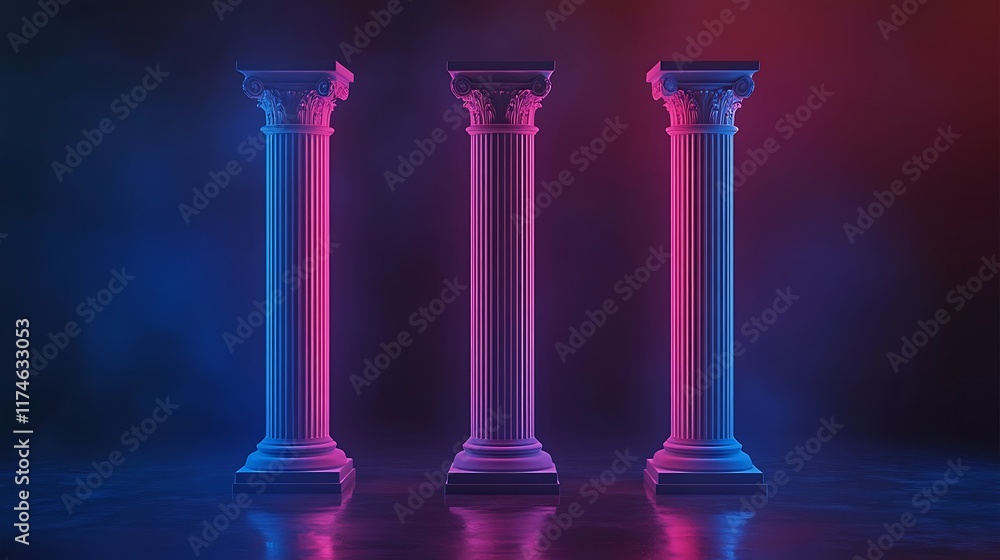Three Classical Columns Illuminated With Neon Lights Three Classical Columns Illuminated With Neon Lights