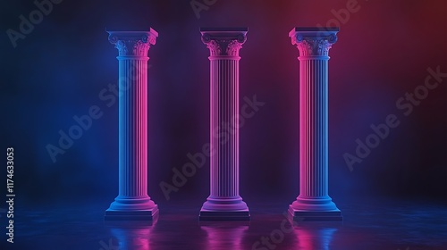 Three Classical Columns Illuminated With Neon Lights