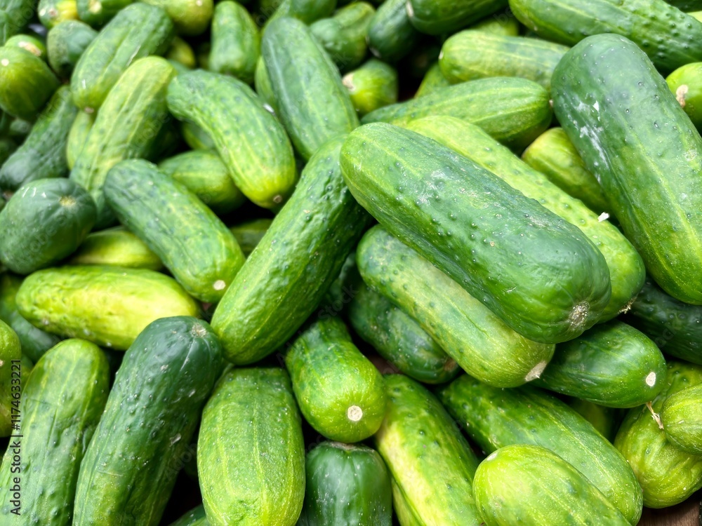 Closeup on bright green cucumbers in grocery store Closeup on bright green cucumbers in grocery store