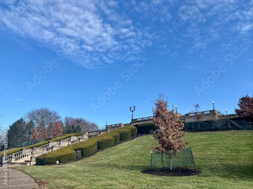 Lush green park with stairs leading to a terrace under blue sky photo