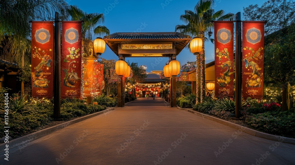 Fototapeta premium Traditional Festive Entrance Gate with Large Lanterns and Banners
