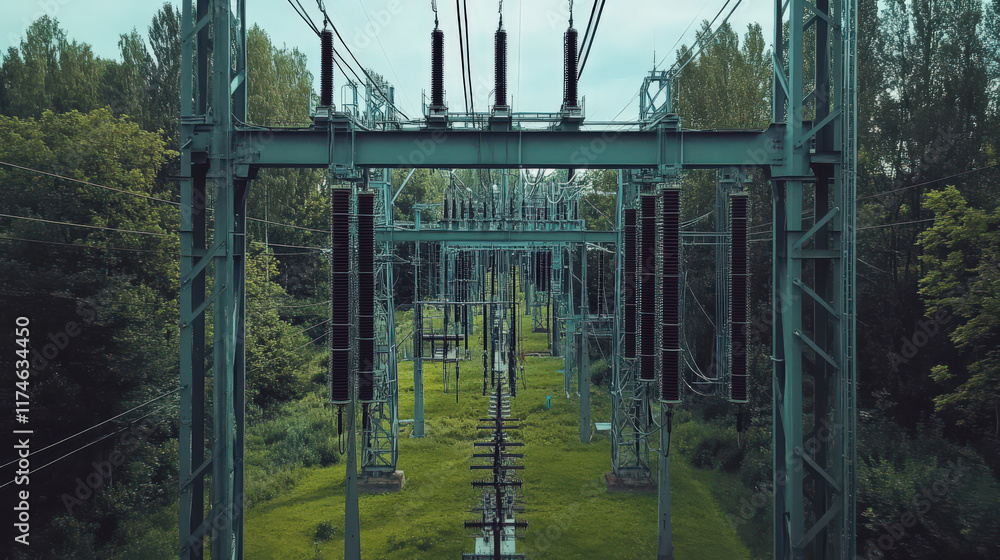 Fototapeta premium Electric grid, renewable energy storage with forest view