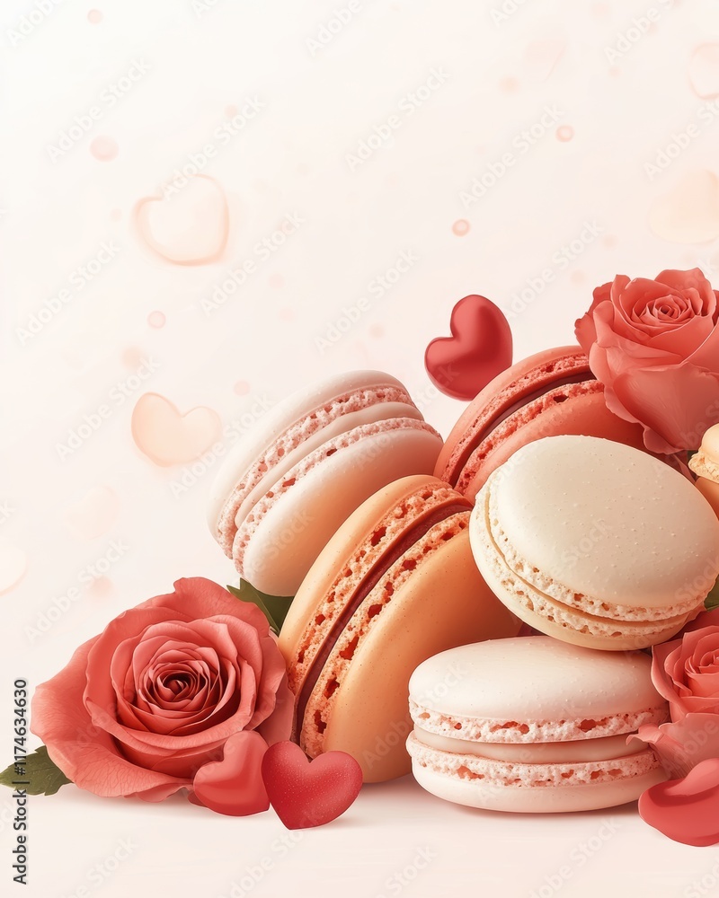 Colorful Macarons and Roses Arrangement in Soft Pink and Cream Colorful Macarons and Roses Arrangement in Soft Pink and Cream