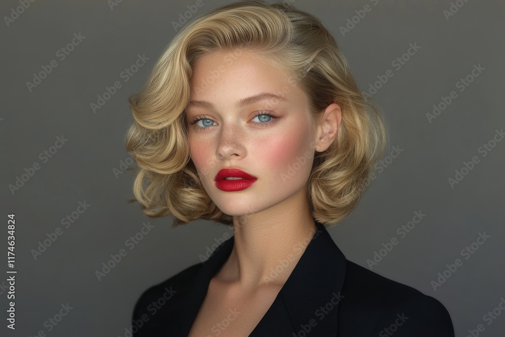 Portrait of a woman with blonde, wavy bob haircut and red lipstick. Classic beauty shot against a gray background. Portrait of a woman with blonde, wavy bob haircut and red lipstick. Classic beauty shot against a gray background.