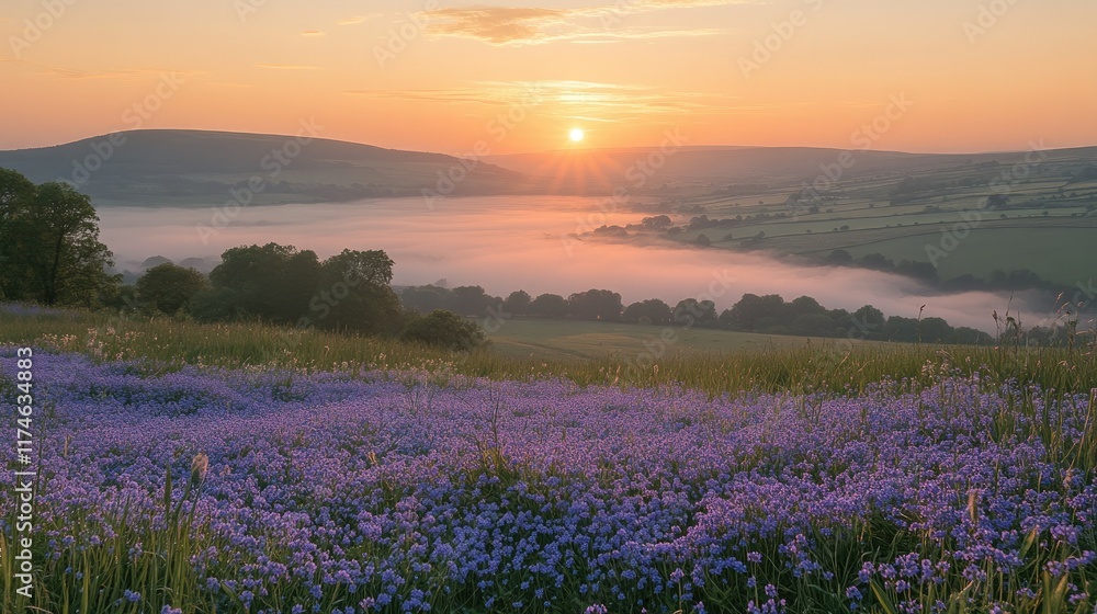 Fototapeta premium Sunrise over misty valley with wildflowers.