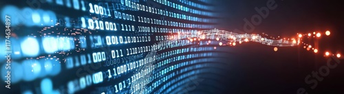 Digital Highway: A mesmerizing abstract representation of the digital world, where a stream of binary code glows in vibrant blue against a backdrop of blurred city lights.