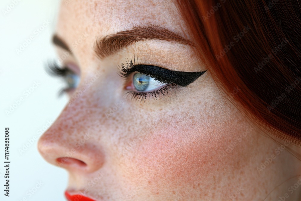 Obraz premium Close-up of a woman's eye with winged eyeliner and freckles. Red hair visible at the side.