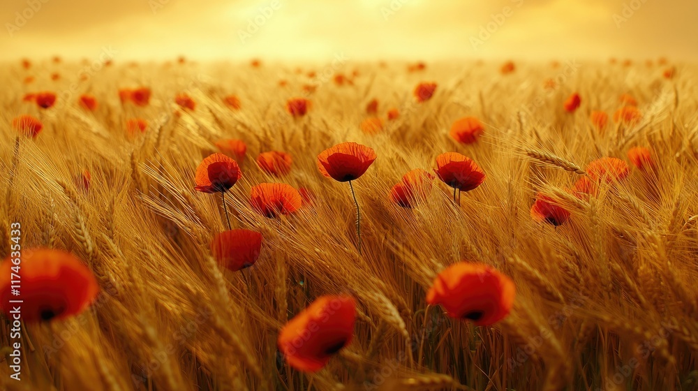 Fototapeta premium Sunset over golden wheat field with vibrant red poppies.