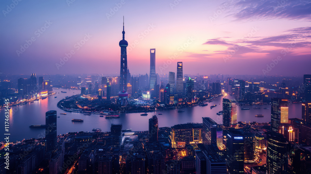 Naklejka premium City at night with lights of skyscraper building, view is impressive