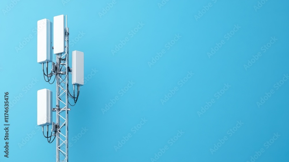 Communication Tower with Antennas Against a Bright Blue Background for Technology and Connectivity Themes Communication Tower with Antennas Against a Bright Blue Background for Technology and Connectivity Themes