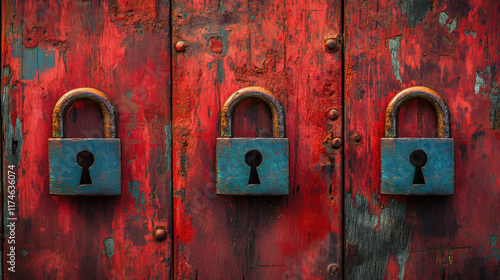 Three locks on red door with sense of security