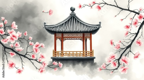 Tranquil Asian garden pavilion, cherry blossoms, misty background; ideal for serenity, peace, and nature themes.