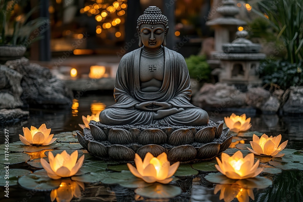 Fototapeta premium Tranquil Buddha Statue in a Lotus Pond