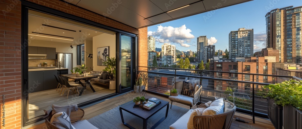 Fototapeta premium Urban Oasis Balcony: A modern, stylish balcony overlooks a vibrant cityscape. The open-plan design seamlessly connects indoor and outdoor living spaces.